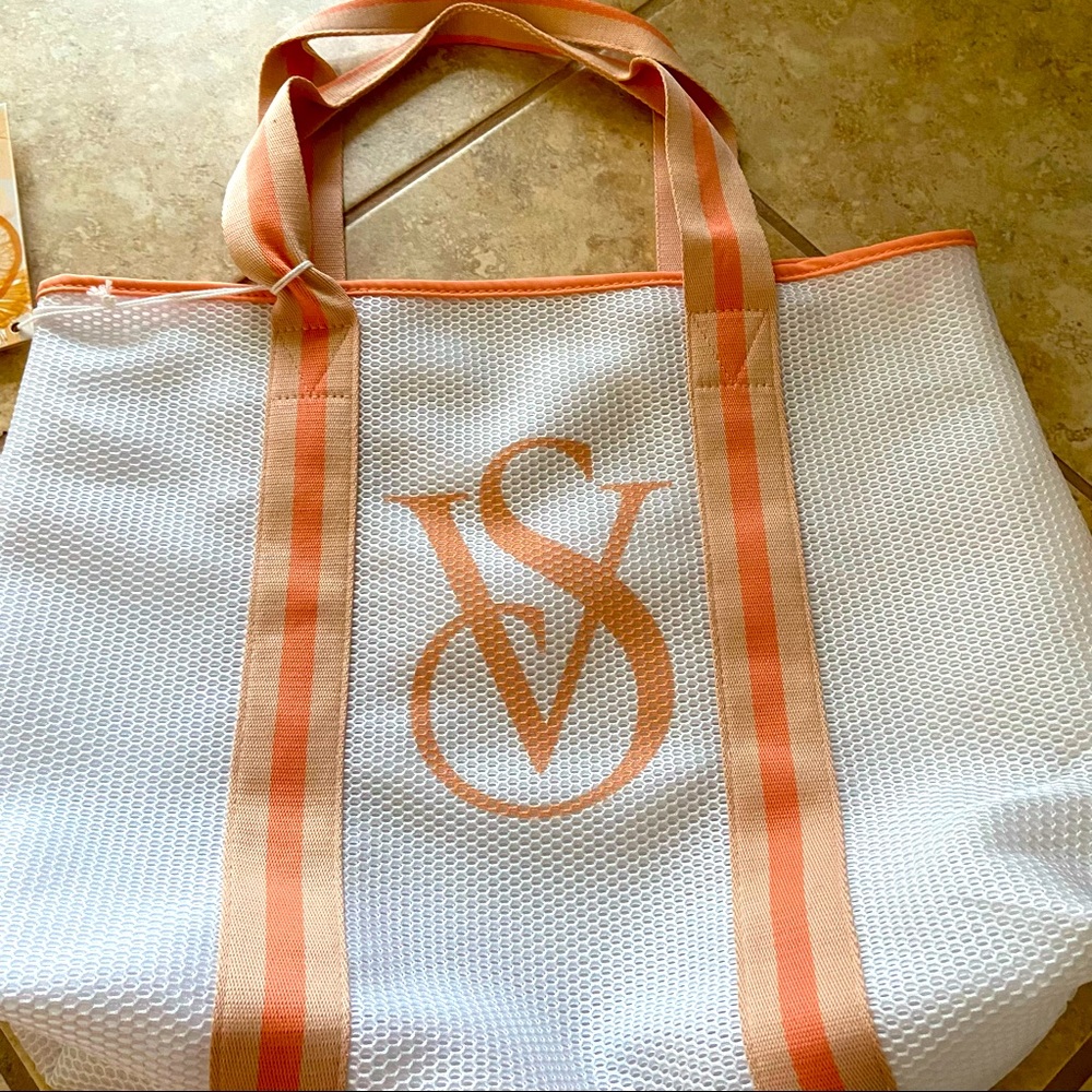 Victoria's Secret Orange and White Tote with Logo and Textured Fabric
